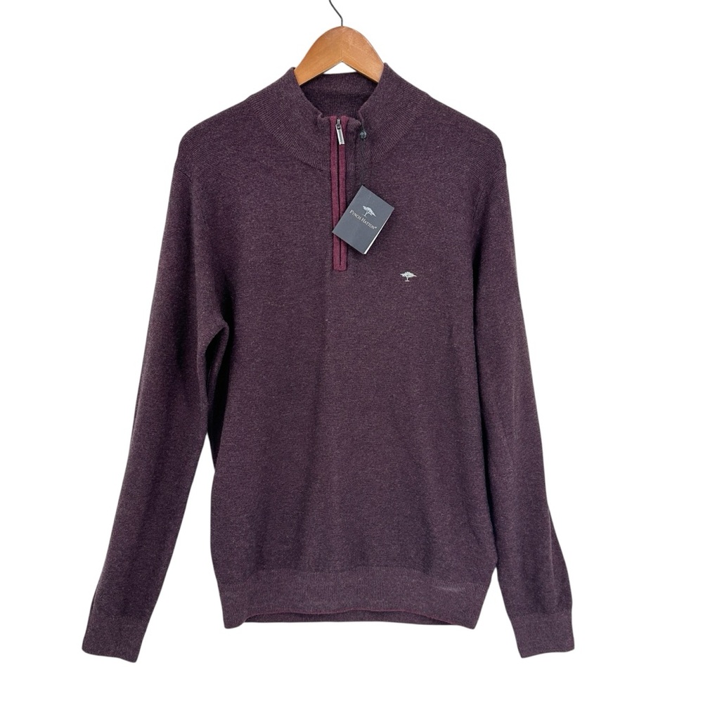 New FYNCH-HATTON Pullover Sweater Merino Wool 1/4 Zip Purple